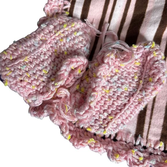 Handmade Baby Receiving Blanket Booties Set Striped Brown Pink Crochet Border - Picture 5 of 6